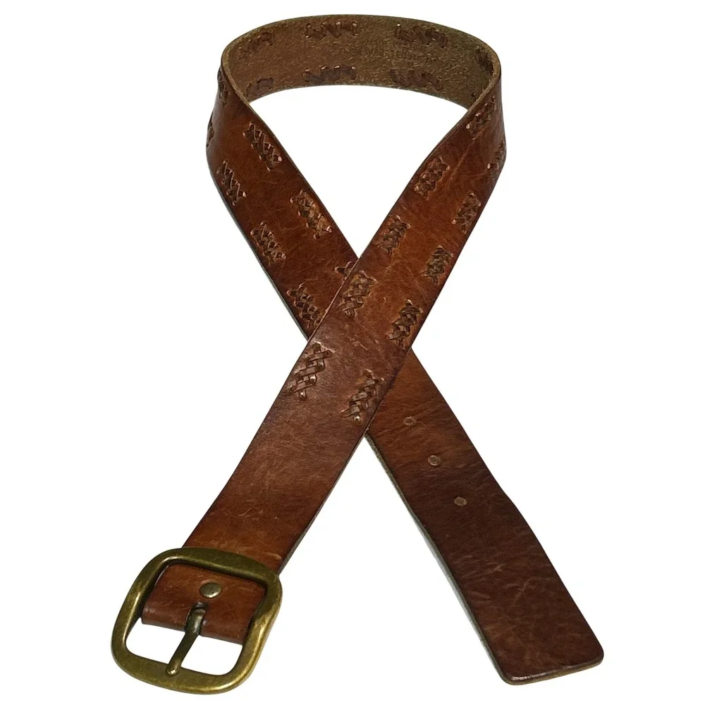 Cognac Brown Italian Leather Whipstitch Belt with Antiqued Brass Buckle Size M
